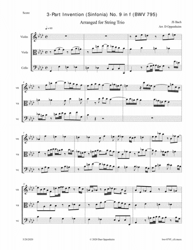 Bach: 3-Part Invention (Sinfonia) No. 9 in f (BWV 795) arr. for String Trio (arr. D Oppenheim)