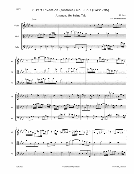 Bach: 3-Part Invention (Sinfonia) No. 9 in f (BWV 795) arr. for String Trio (arr. D Oppenheim)