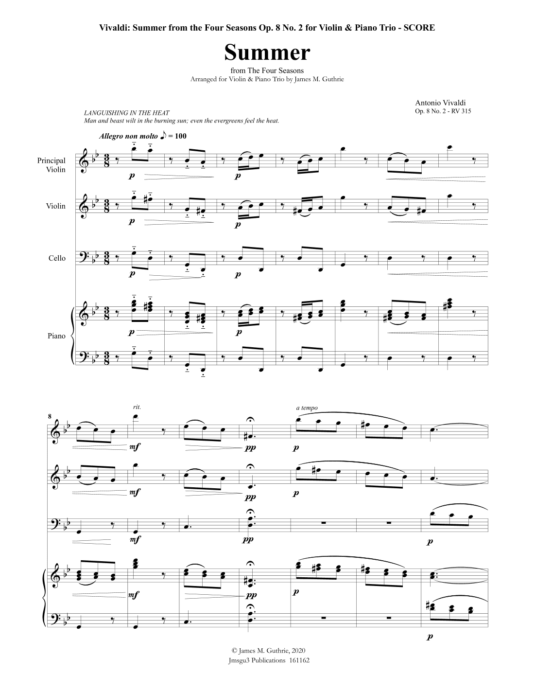 Vivaldi: Summer from the Four Seasons for Violin & Piano Trio (arr. James M. Guthrie)