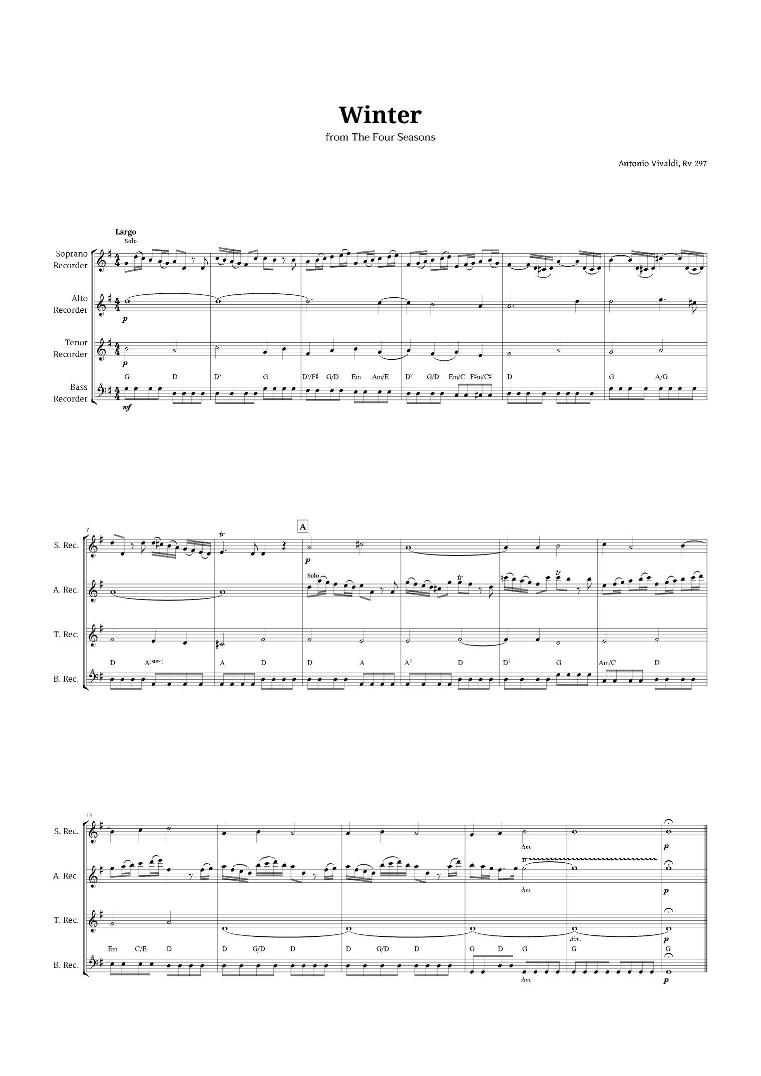 Largo from Winter by Vivaldi for Recorder Quartet with Chords (arr. Langanho)