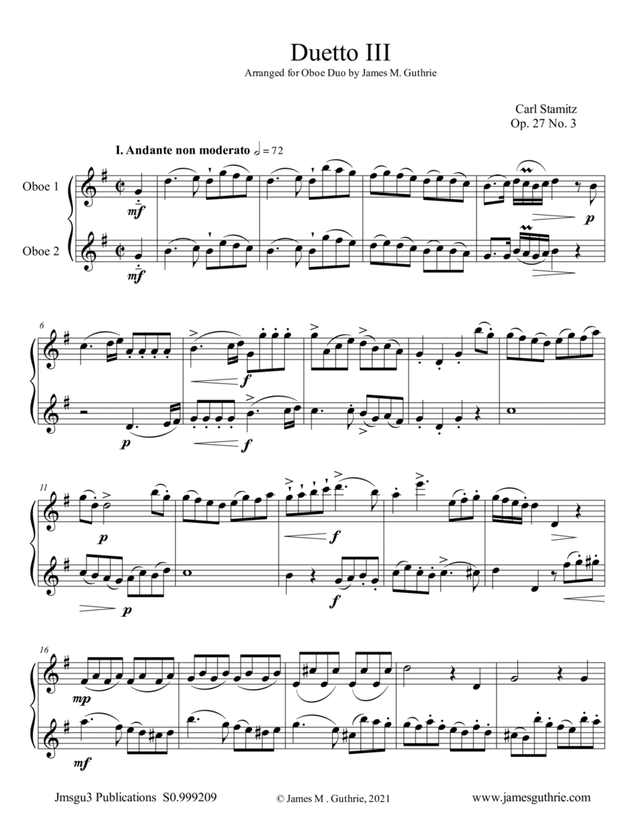 Stamitz: Duet Op. 27 No. 3 for Oboe Duo (arr. James M. Guthrie)