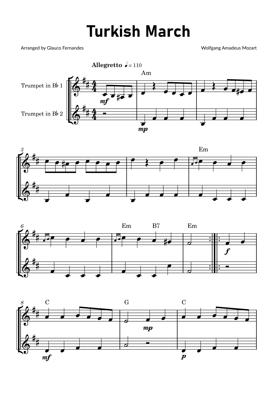 Turkish March by Mozart - Trumpet Duet with Chord Notations (arr. Glauco Fernandes)