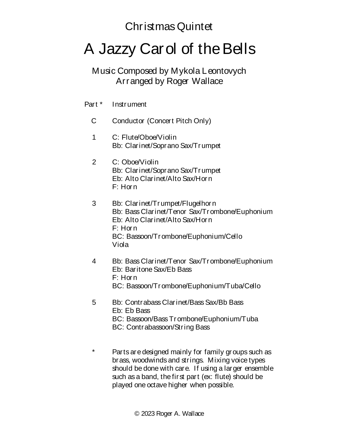 Carol of the Bells (Jazz Waltz for String Quintet) (arr. Roger Wallace)