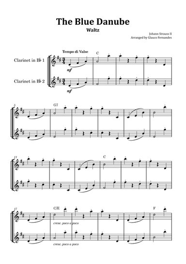 The Blue Danube - Clarinet Duet with Chord Notations (arr. Glauco Fernandes)