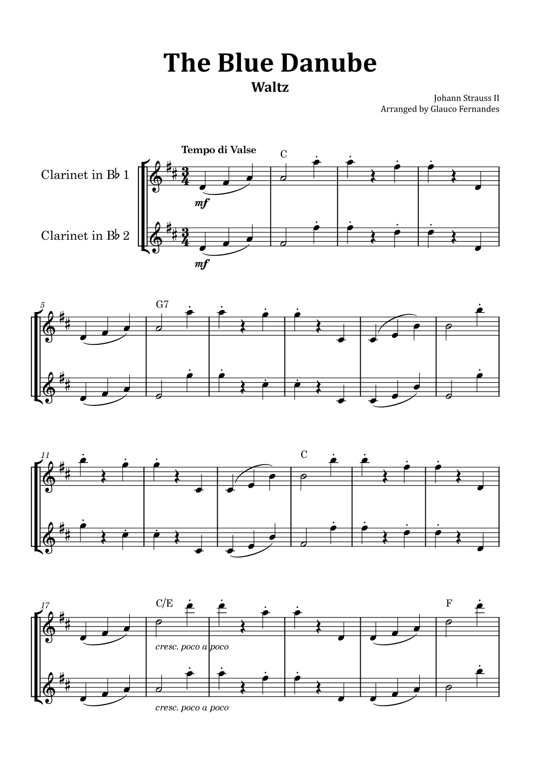 The Blue Danube - Clarinet Duet with Chord Notations (arr. Glauco Fernandes)