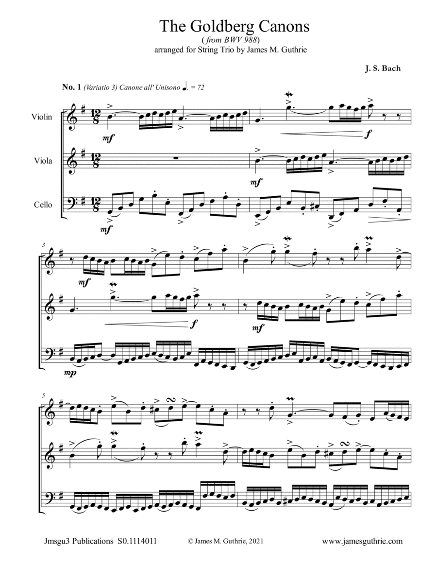 BACH: The Goldberg Canons from BWV 988 for String Trio (arr. James M. Guthrie)
