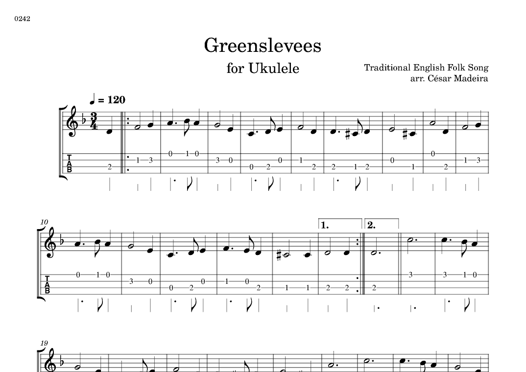 Greensleeves - Easy Ukulele - W/TAB (Full Score) (arr. César Madeira)