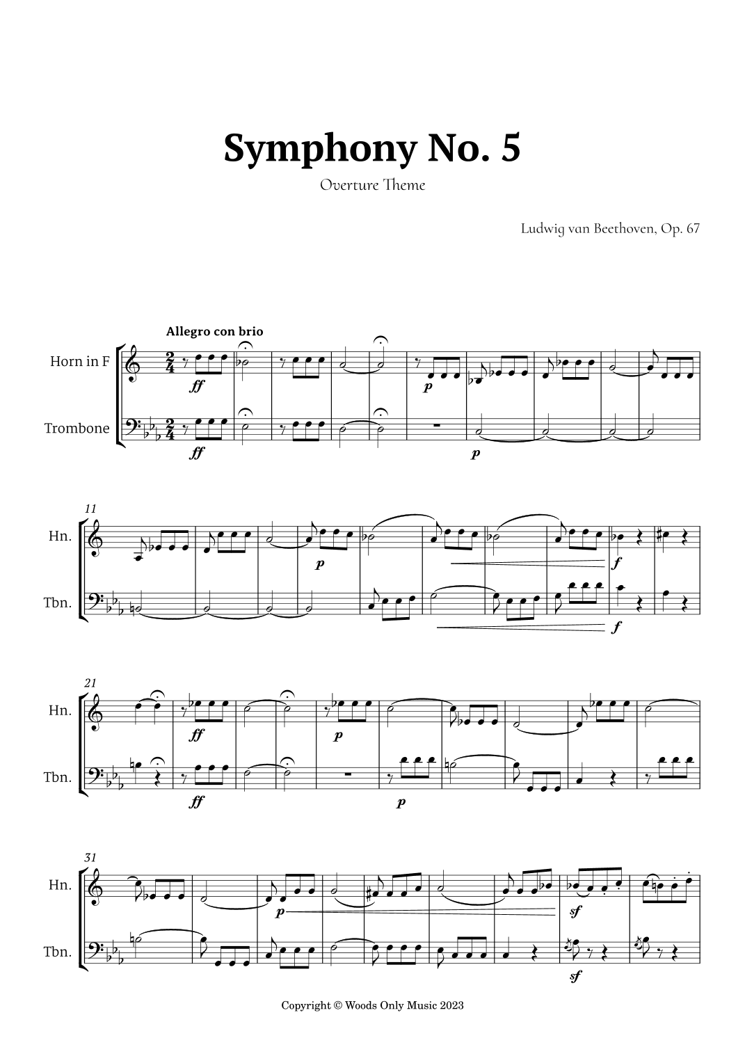 Symphony No. 5 by Beethoven for French Horn and Trombone Duet (arr. Ander)