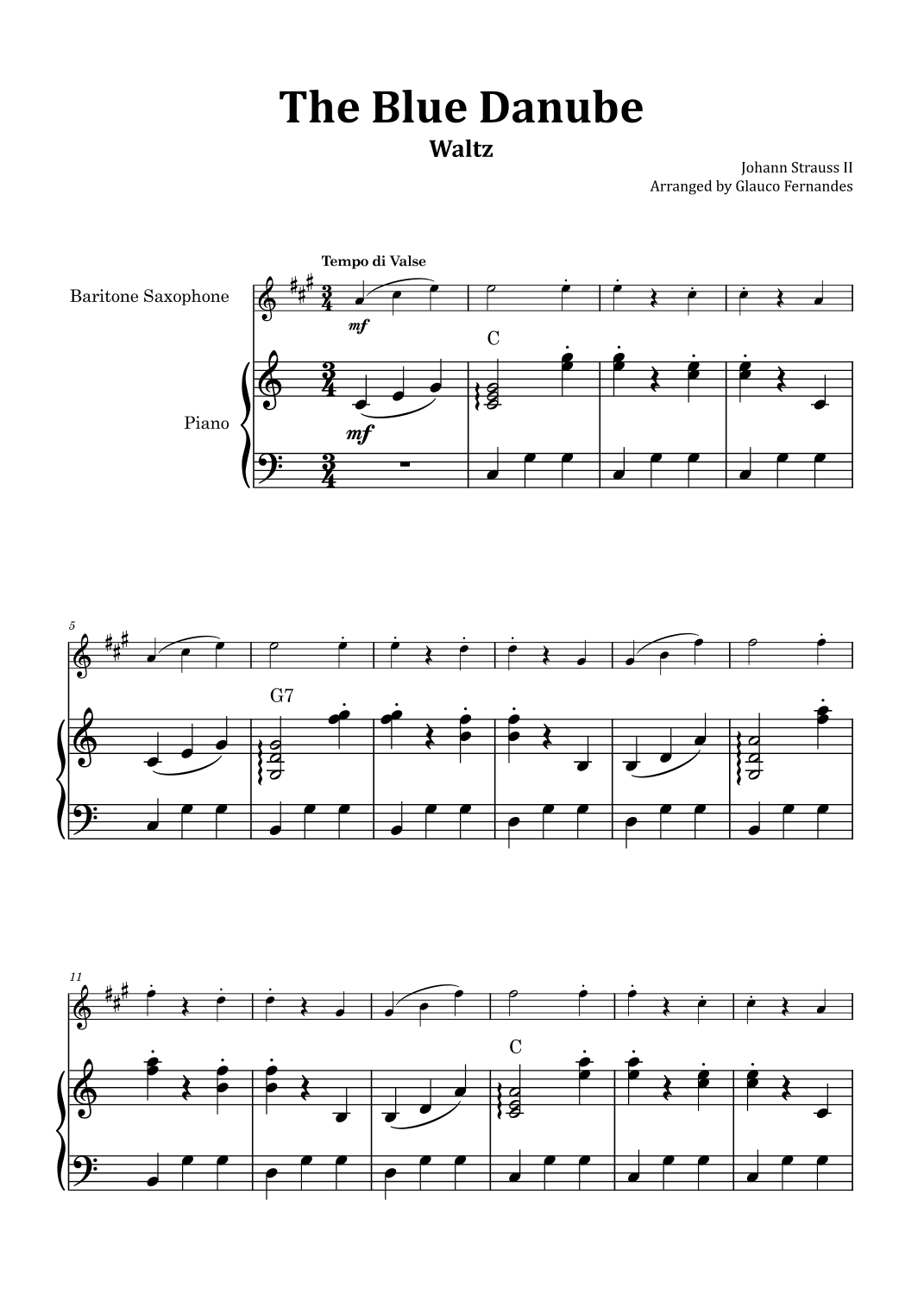 The Blue Danube - Baritone Saxophone and Piano with Chord Notations (arr. Glauco Fernandes)