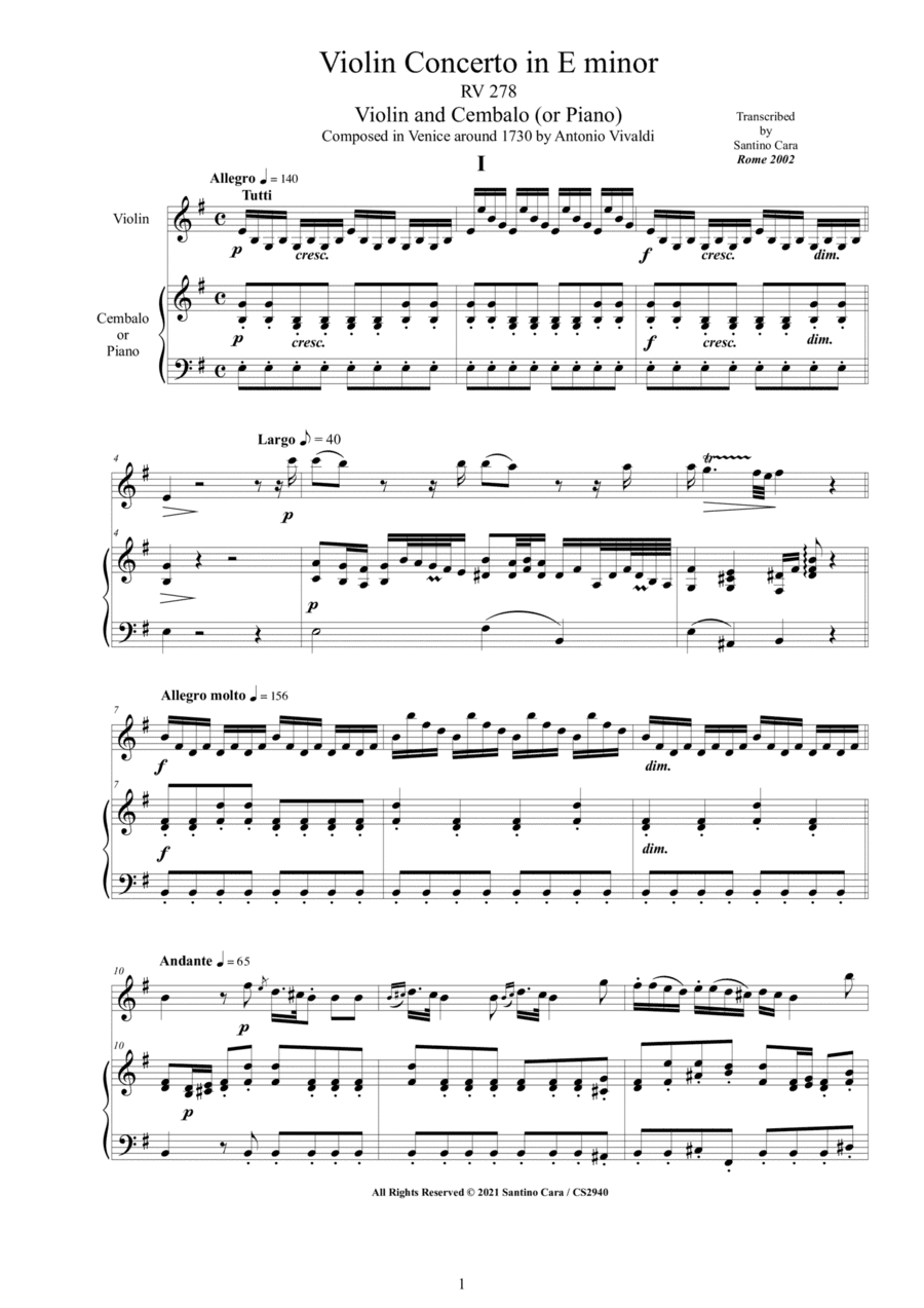 Vivaldi - Violin Concerto in E minor RV 278 for Violin and Cembalo (or Piano) (arr. Santino Cara)