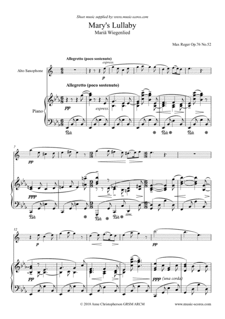 Mary's Lullaby, or Maria Wiegenlied - Alto Sax and Piano (arr. Anne L Christopherson GRSM ARCM)