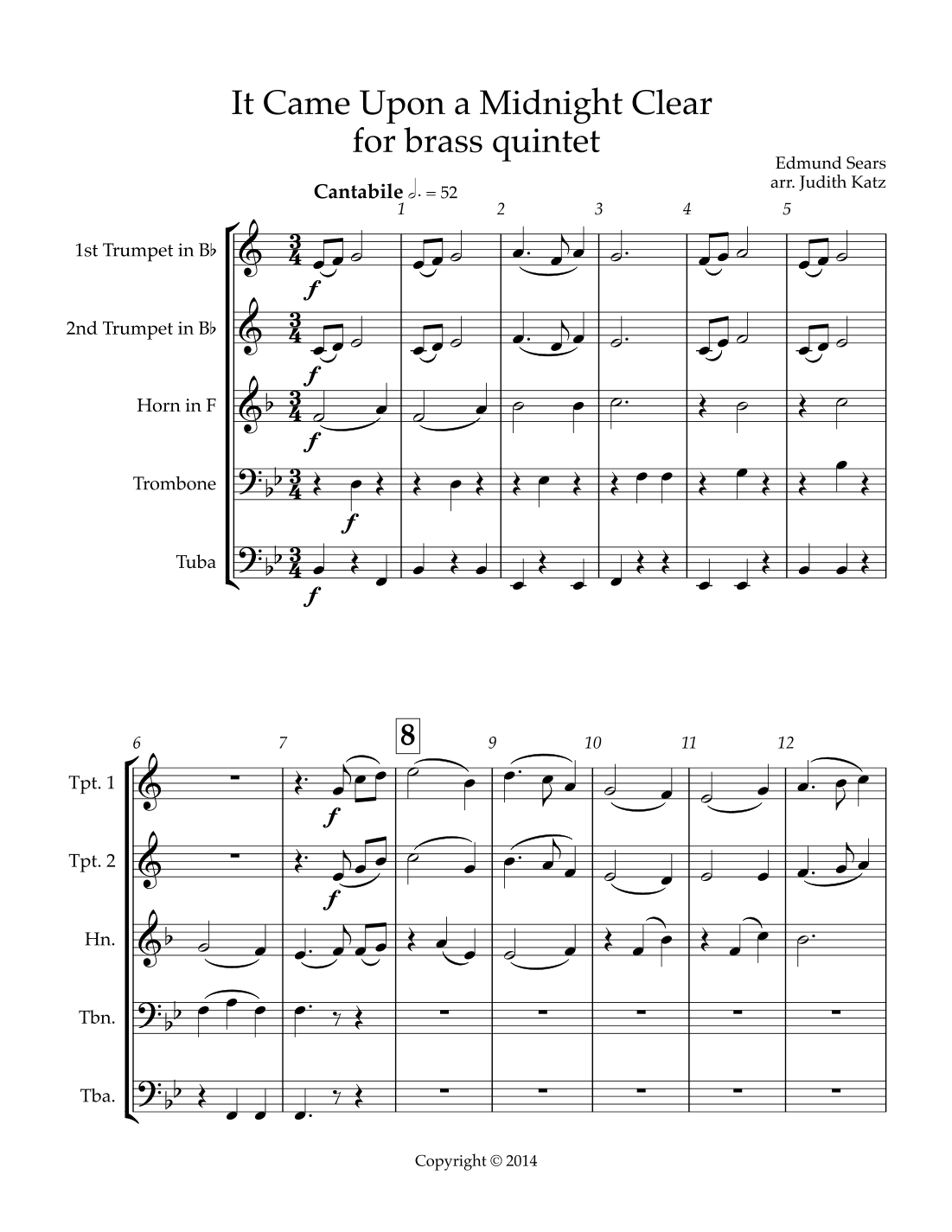 It Came Upon A Midnight Clear - for brass quintet (arr. Judith Katz)