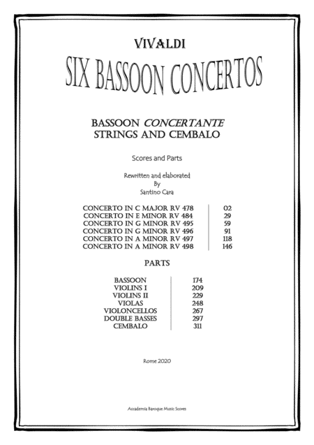 Vivaldi - Six Concertos for Bassoon, Strings and Cembalo - Scores and Parts (arr. Santino Cara)