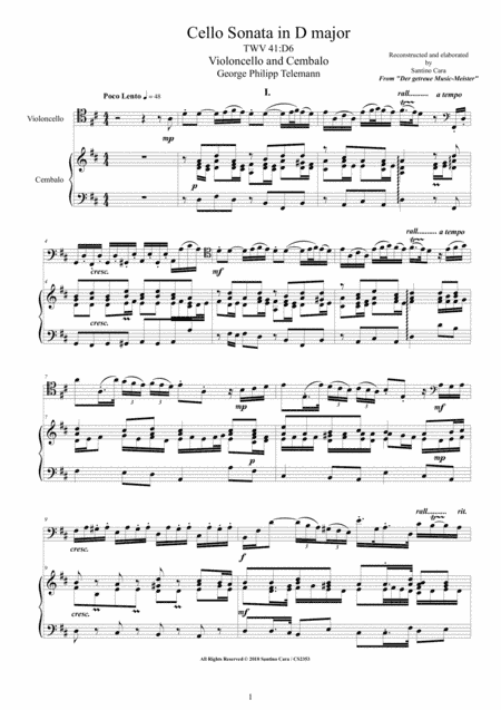 Telemann - Cello Sonata in D major TWV41-D6 for Violoncello and Cembalo (or Piano) (arr. Santino Cara)