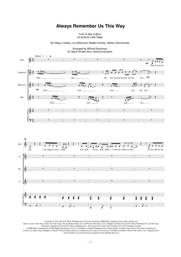 Always Remember Us This Way (arr. Wilfred Reneman)