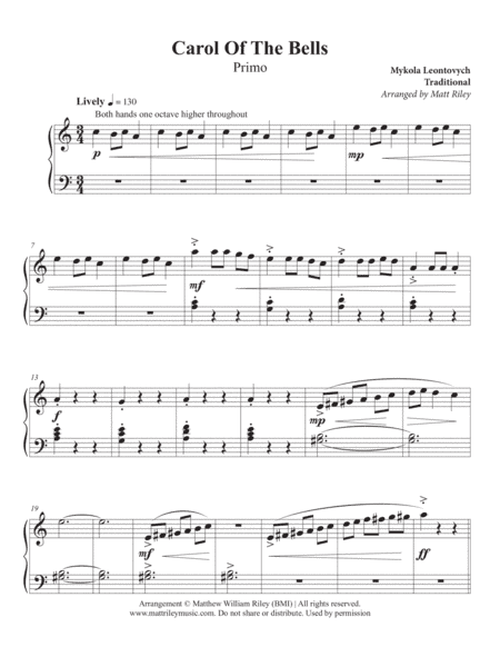 Carol of the Bells - One Piano, Four Hands (arr. Matt Riley)