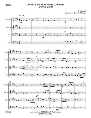 ANGELS WE HAVE HEARD ON HIGH - String Quartet (unaccompanied) - Grade 3 (arr. Glen Poehlmann)