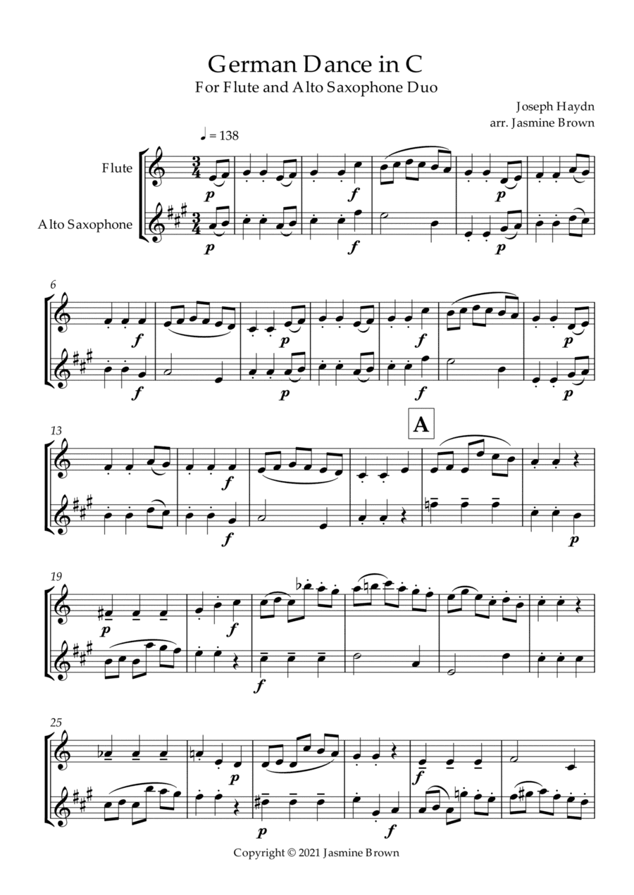 German Dance in C - Flute and Alto Saxophone Duet (arr. Jasmine Brown)