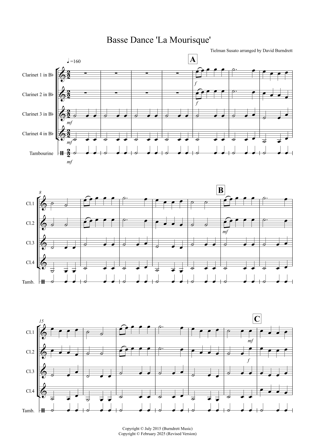 Basse Dance by Susato for Clarinet Quartet (arr. David Burndrett)