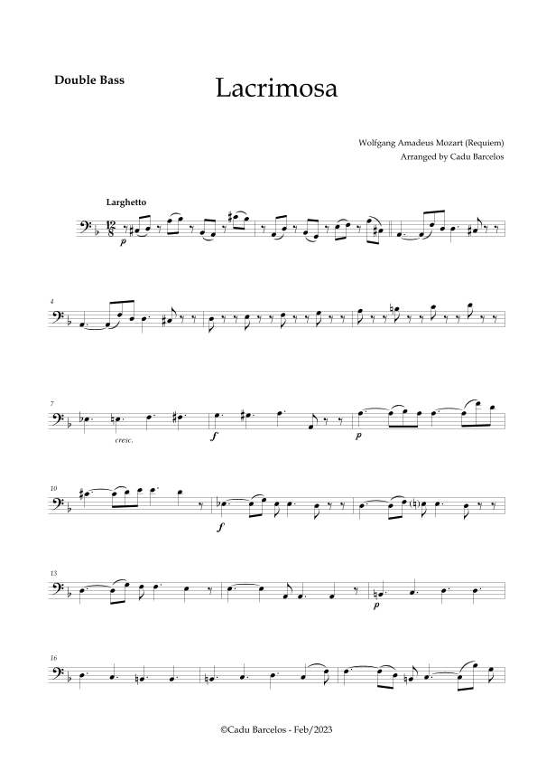 Lacrimosa - Double Bass no chords (Mozart) (arr. Cadu Barcelos)