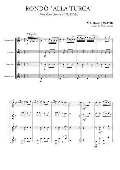 Rondò alla Turca (Turkish March) for Saxophone Quartet (arr. Diego Marani)