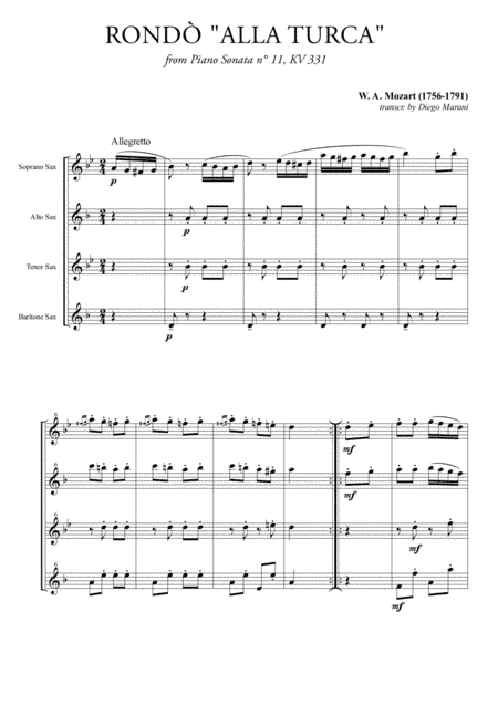 Rondò alla Turca (Turkish March) for Saxophone Quartet (arr. Diego Marani)