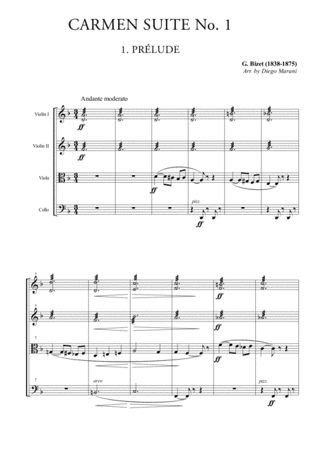 Prelude & Aragonaise from "Carmen Suite" for String Quartet (arr. Diego Marani)