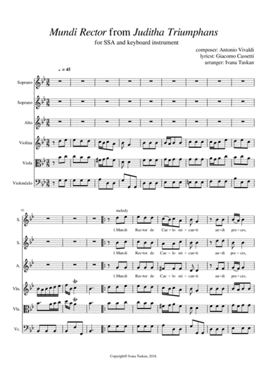 Antonio Vivaldi: Mundi rector for SSA and string trio, G – minor (arr. Ivana Tuskan)
