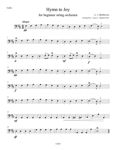 Hymn to Joy for beginner string orchestra. SCORE & PARTS. (arr. Laura Quijada)