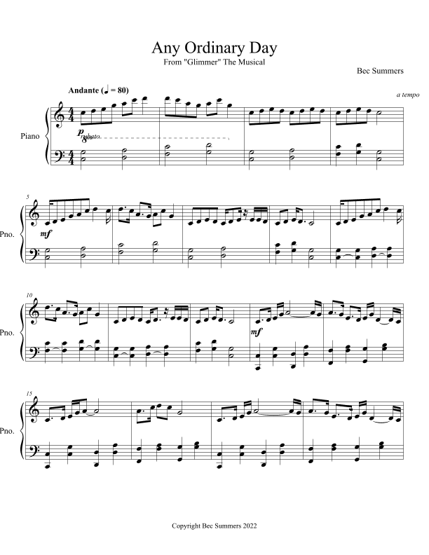 Any Ordinary Day (Vocal/Piano) Song about gratitude from the musical "Glimmer" - Piano Part