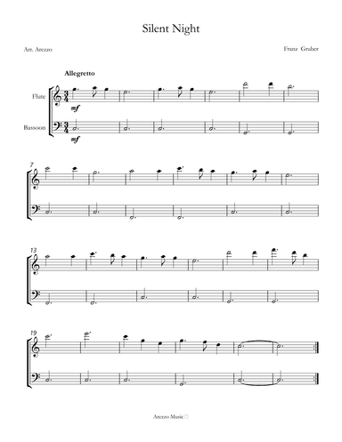 Silent Night carol for beginners sheet music for Flute and Bassoon (arr. Arezzo Music)