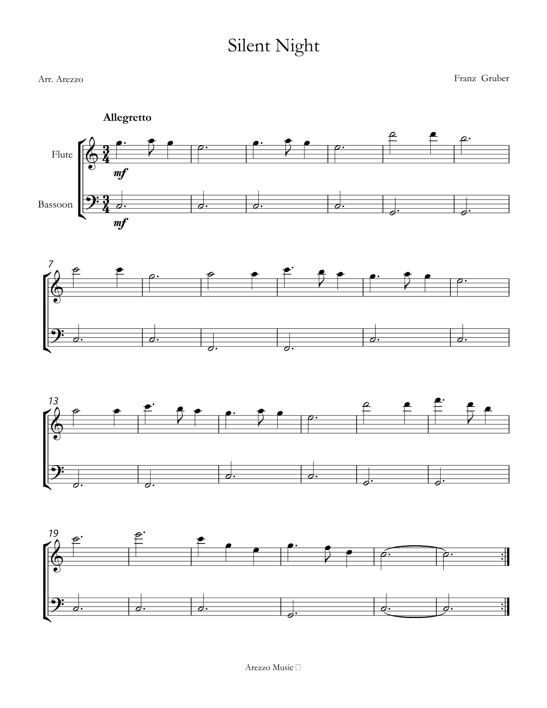 Silent Night carol for beginners sheet music for Flute and Bassoon (arr. Arezzo Music)