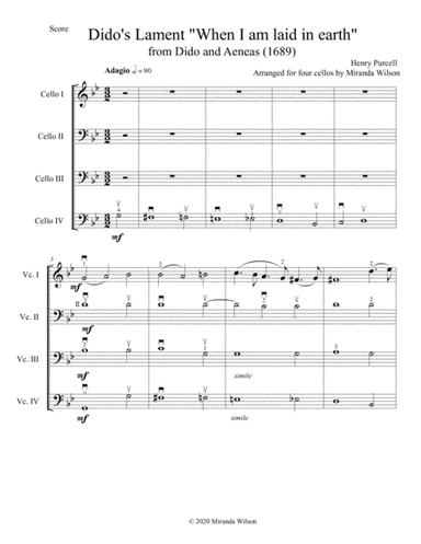 Henry Purcell, Dido's Lament "When I Am Laid In Earth" for 4 Cellos (arr. Miranda Wilson)