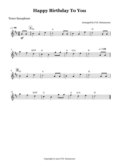 Happy Birthday To You - Tenor Saxophone Solo with Chords (arr. P.H. Damasceno)