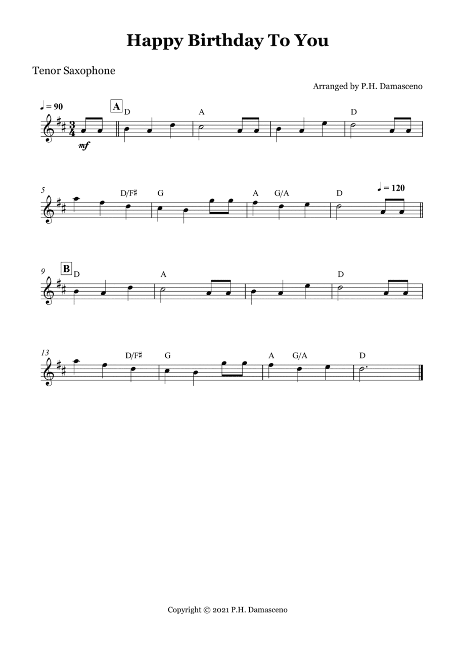 Happy Birthday To You - Tenor Saxophone Solo with Chords (arr. P.H. Damasceno)