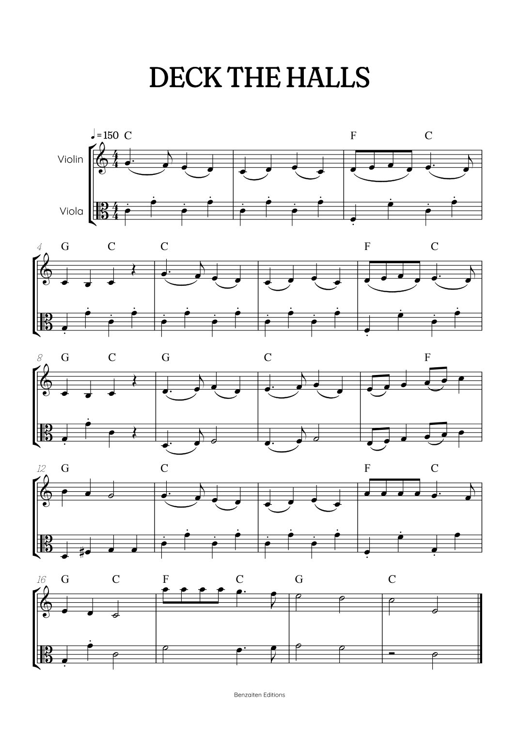 Deck the Halls for violin and viola duet • easy Christmas song sheet music w/ chords (arr. Benzaiten Editions)