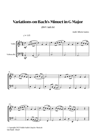 4 Variations on Minuet in G Major (BWV 114) - (J. S. Bach) - For Intermediate violin and cello (arr. André Alberto Santos)