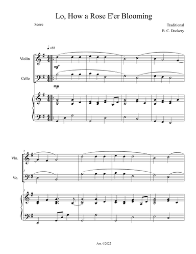 Lo, How a Rose E'er Blooming (Violin and Cello Duet with Piano Accompaniment) (arr. B. C. Dockery)