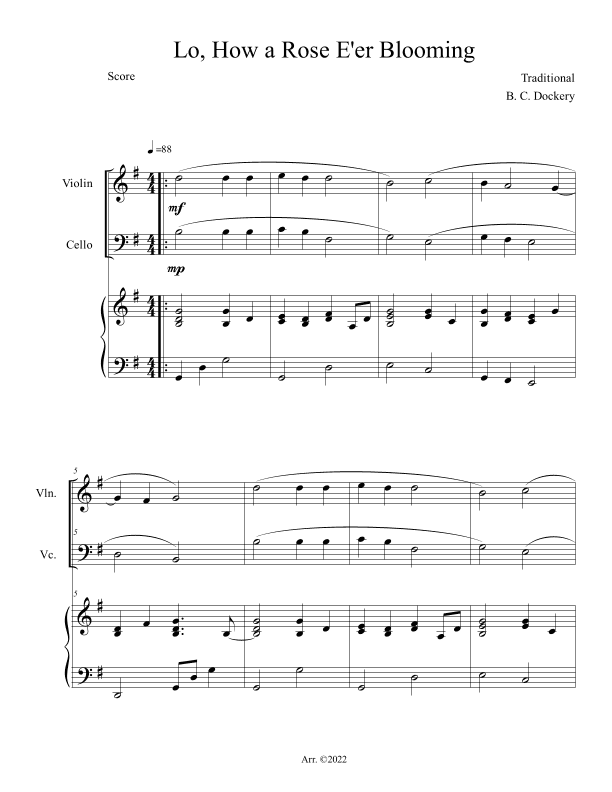 Lo, How a Rose E'er Blooming (Violin and Cello Duet with Piano Accompaniment) (arr. B. C. Dockery)