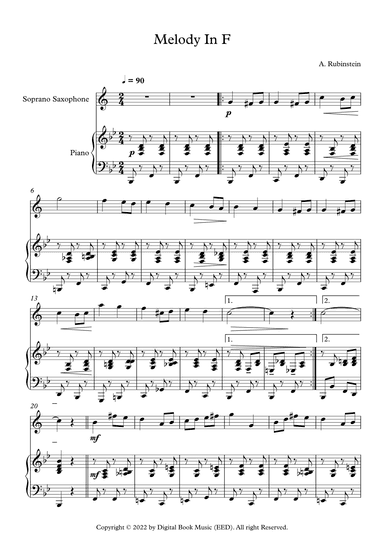 Melody In F - Anton Rubinstein (Soprano Sax + Piano) (arr. Digital Book Music)