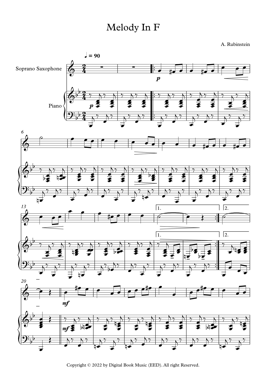 Melody In F - Anton Rubinstein (Soprano Sax + Piano) (arr. Digital Book Music)