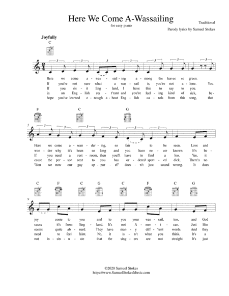Here We Come A-Wassailing (The American Edition) - lead sheet (as heard on Dr. Demento Show) (arr. Samuel Stokes)