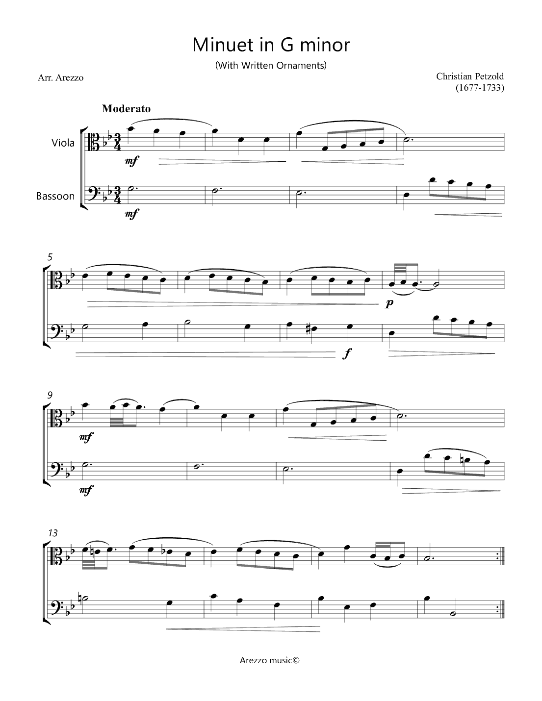 Bach Minuet in G minor - BWV anh 115  - Viola and bassoon ornamented (arr. Arezzo Music)