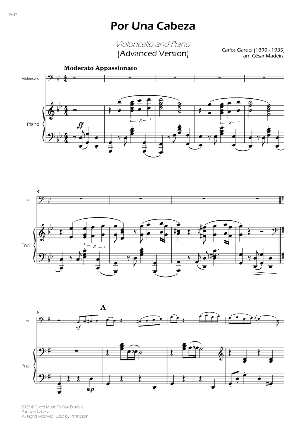 Por Una Cabeza - Cello and Piano - Advanced (Full Score) (arr. César Madeira)