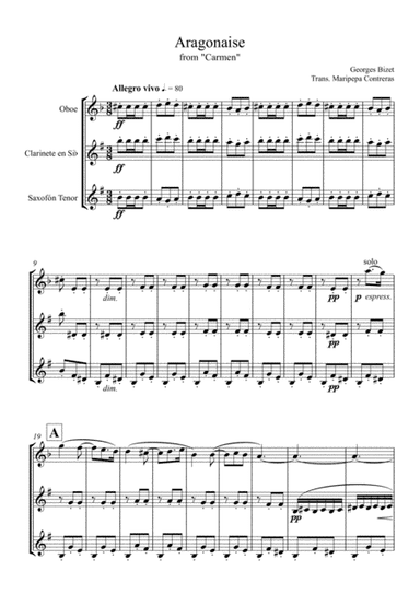 Aragonaise from Carmen, Bizet for oboe, clarinet and tenor saxophone (arr. M. Contreras)