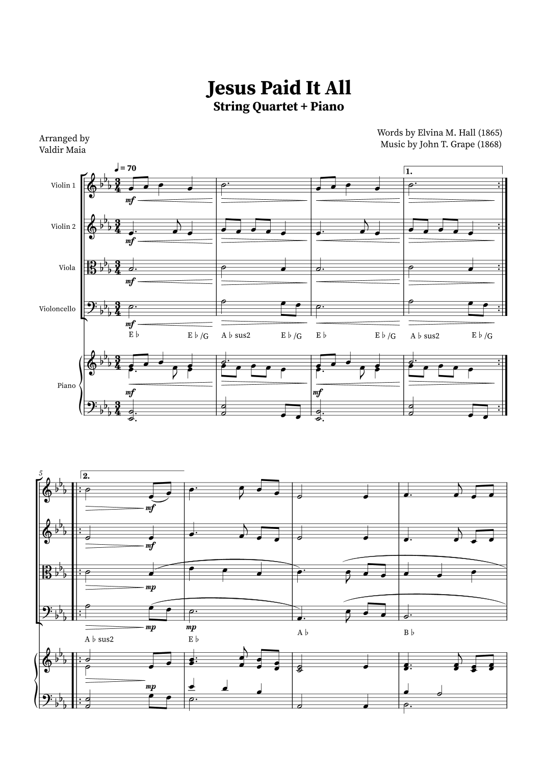Jesus Paid It All - String Quartet and Piano (+Chords) (arr. Valdir Maia)