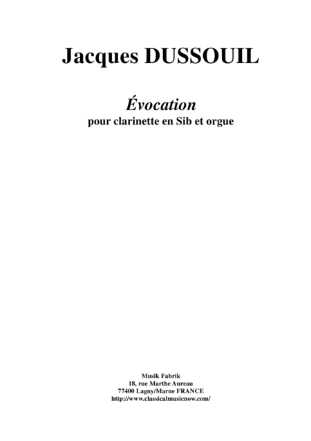 Jacques Dussouil: Évocation for Bb clarinet and organ