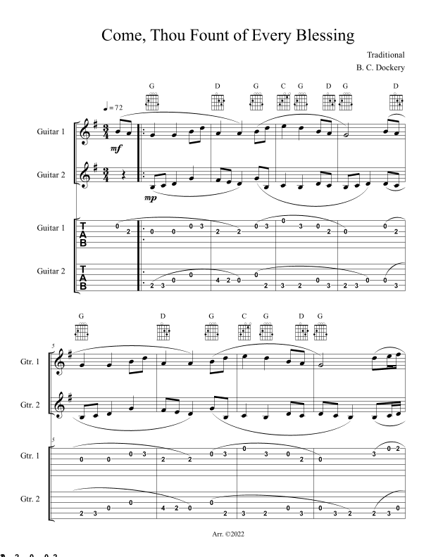Come, Thou Fount of Every Blessing (Guitar Duet with TAB) (arr. B. C. Dockery)