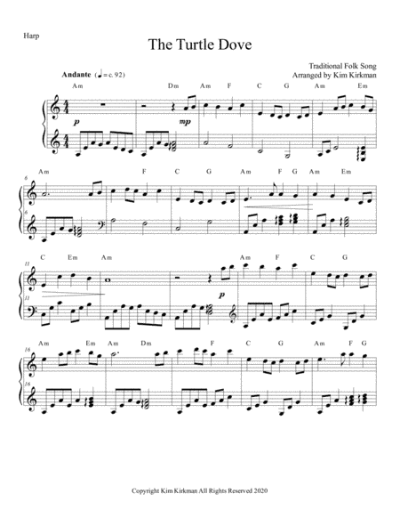 The Turtle Dove - folk song arranged for solo harp (no levers required) (arr. Kim Kirkman)