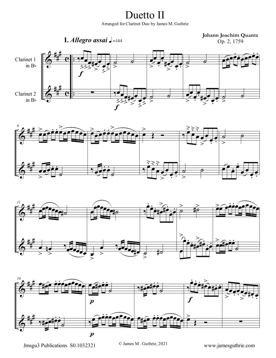 Quantz: Duetto Op. 2 No. 2 for Clarinet Duo (arr. James M. Guthrie)